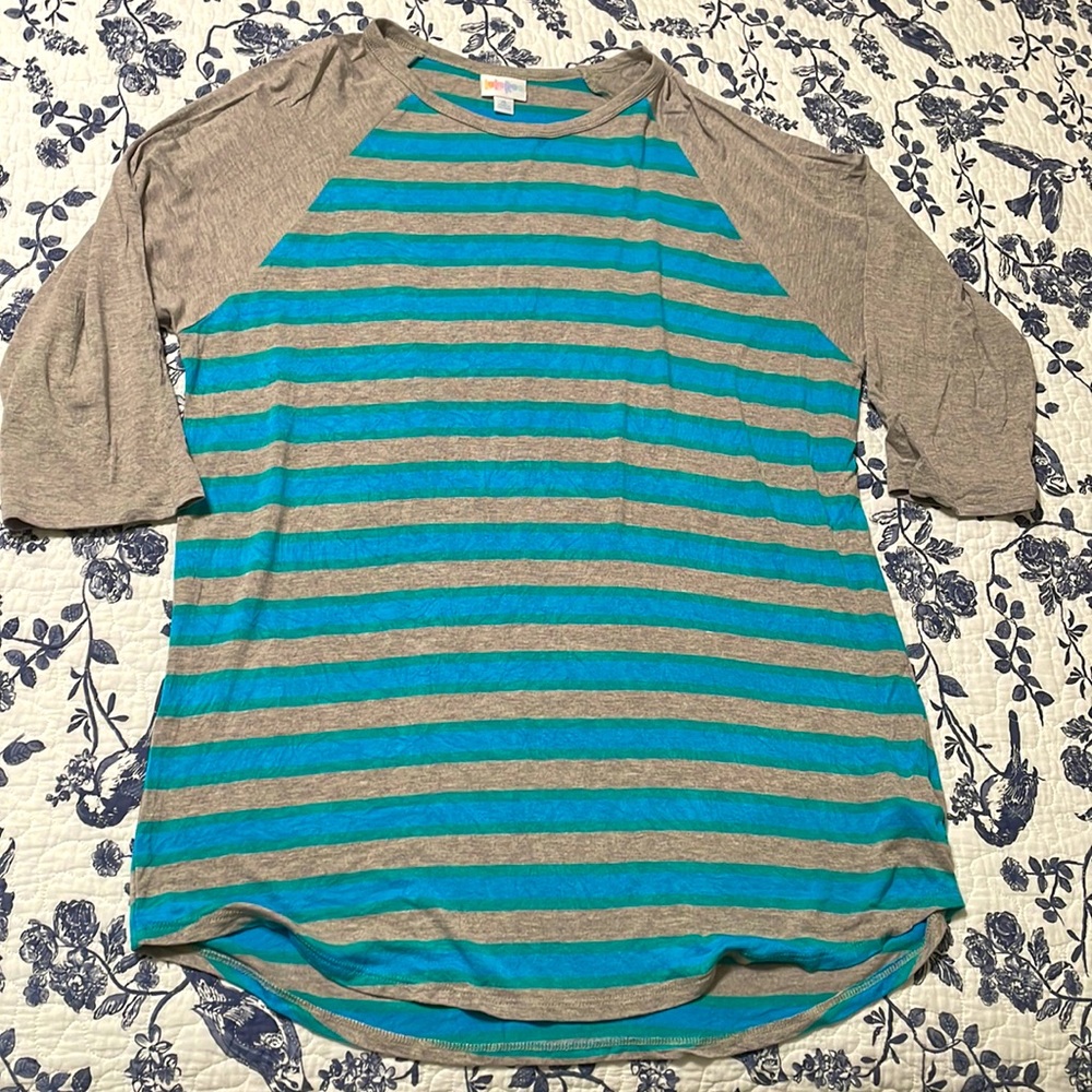 XL Lularoe Randy striped rayon gray blue green long XL raglan baseball tee tunic